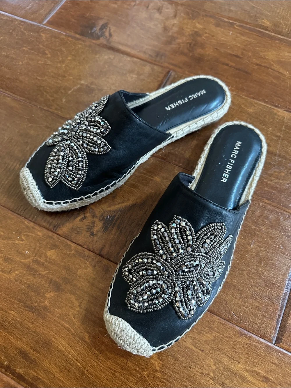 Mark Fisher 7.5 7 1/2 Leather Sparkle Black Leather Espadrille Slides Shoes